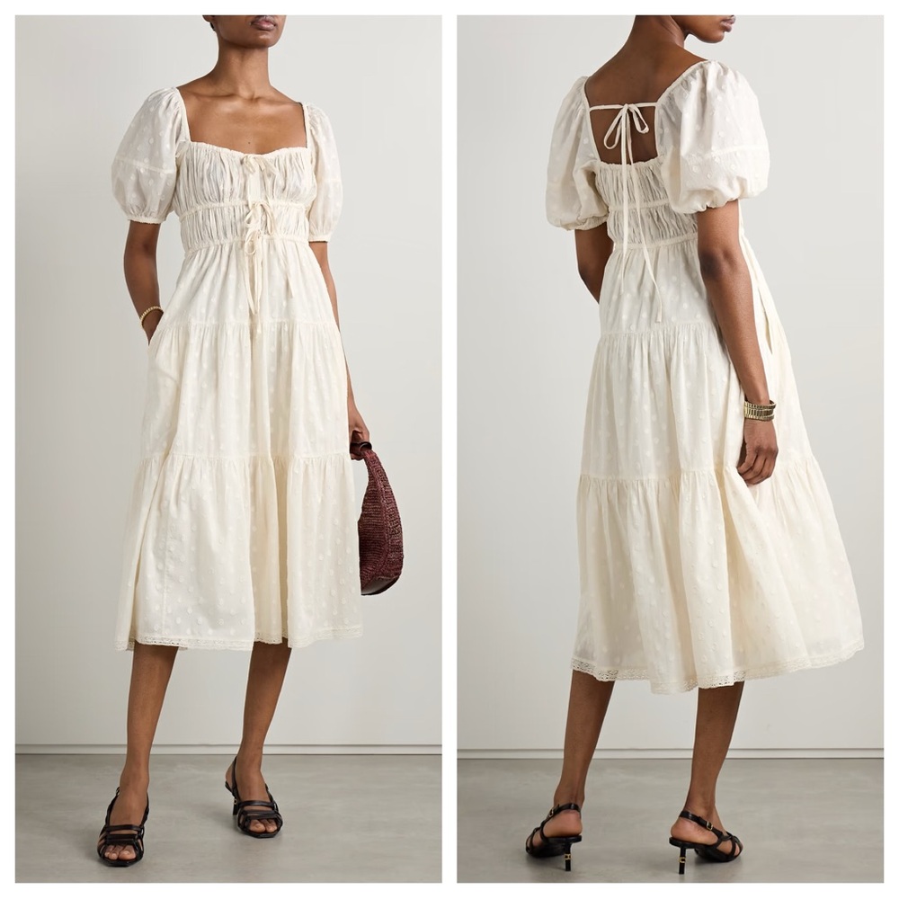 Ulla Johnson Palma Crochet Trimmed Fil Coupe Cotton Midi Dress in Pristine